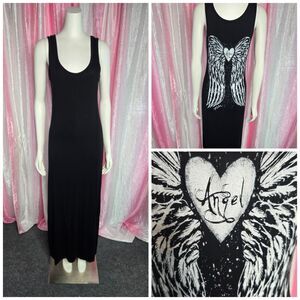 Demi Loon Black Angel Wings Logo Stretch Maxi Dress Size Medium
